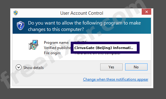Screenshot where CirrusGate (Beijing) Information Technology Inc. appears as the verified publisher in the UAC dialog